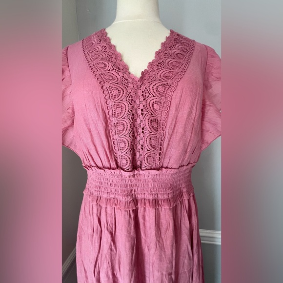 J Gee Pink Tiered Maxi Ruffled V Neck Dress Short Sleeve Boho Cottagecore 1X - Picture 3 of 8